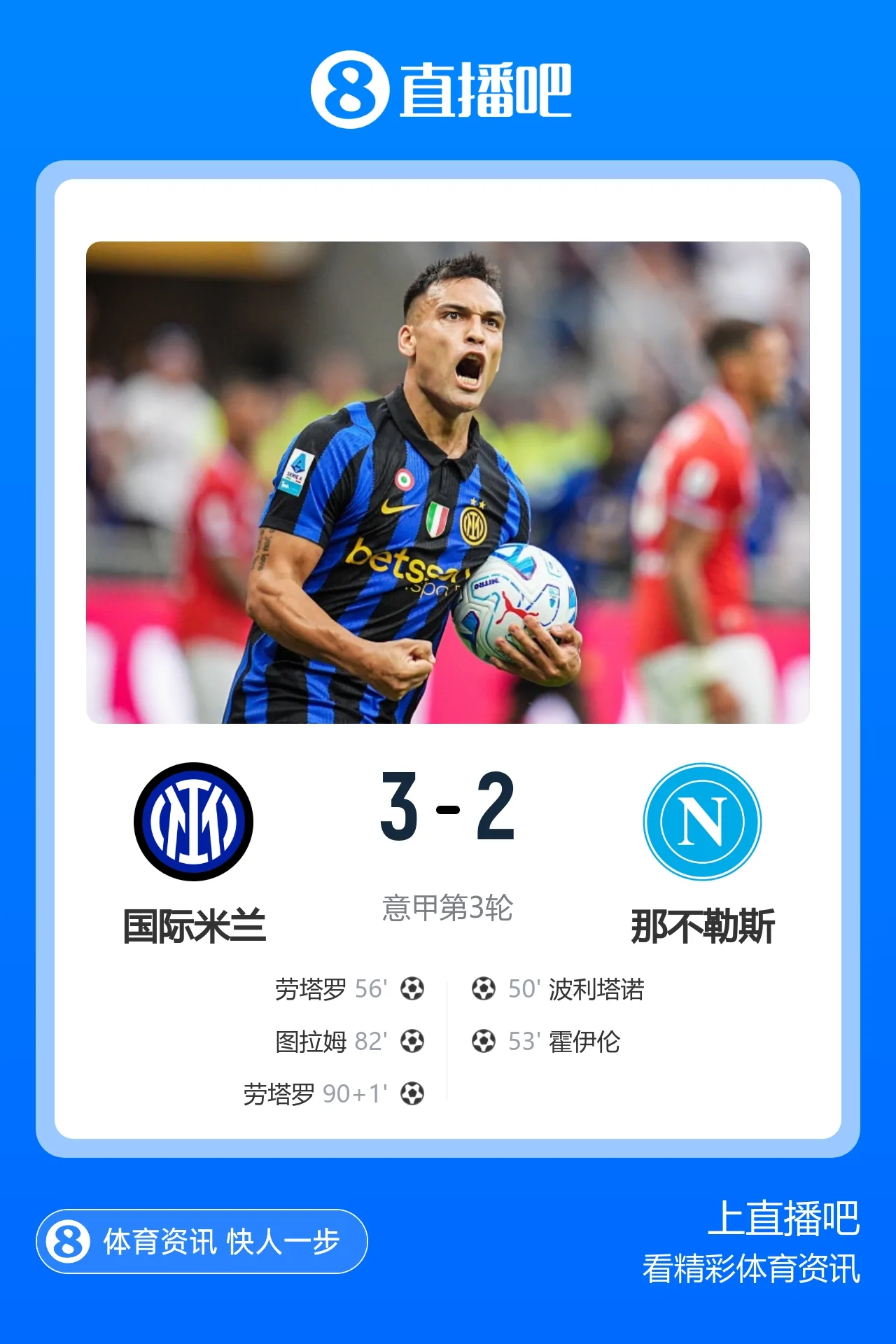 让二追三！国米3-2逆转那不勒斯 劳塔罗双响+绝杀图拉姆破门+中柱