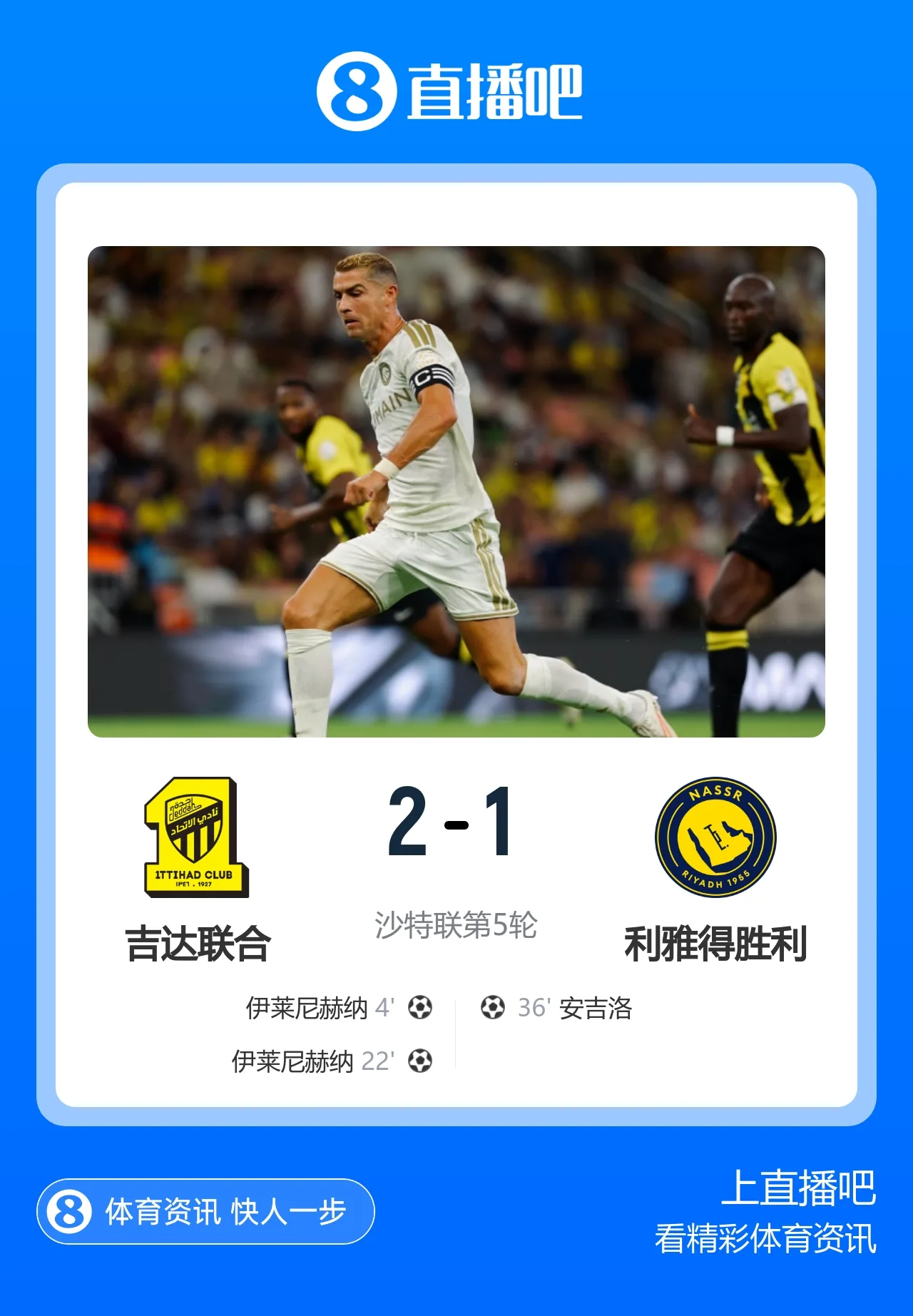 赛季首败！胜利1-2吉达联合4连胜终结 C罗挑传策动安吉洛破门