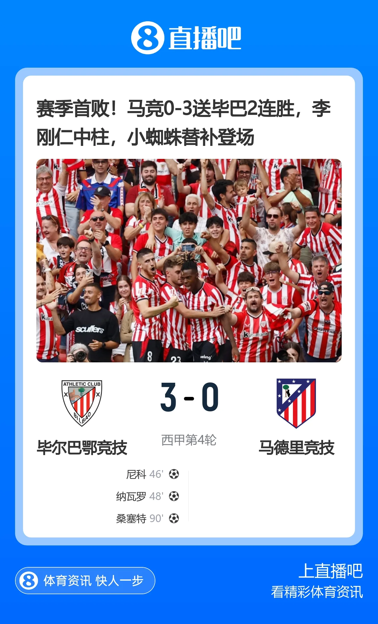 赛季首败！马竞0-3送毕巴2连胜，李刚仁中柱，小蜘蛛替补登场