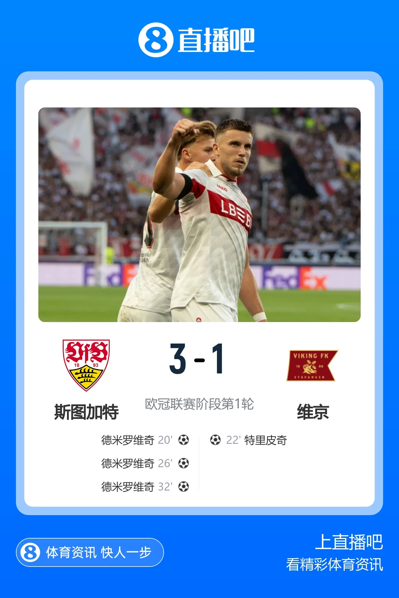 德米罗维奇12分钟帽子戏法！斯图加特3-1维京 翁达夫助攻双响