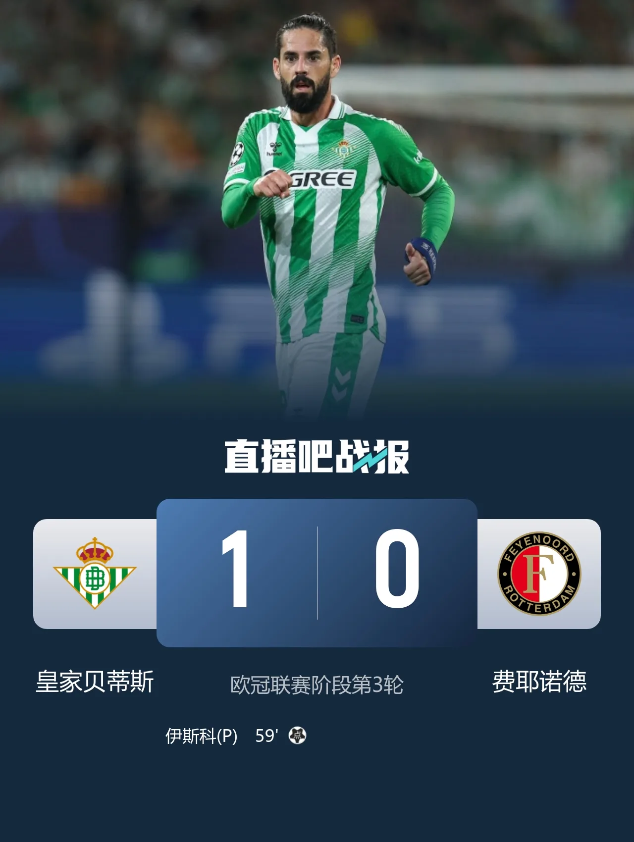 欧冠三战全胜！贝蒂斯1-0费耶诺德 伊斯科点射破门阿布德造点