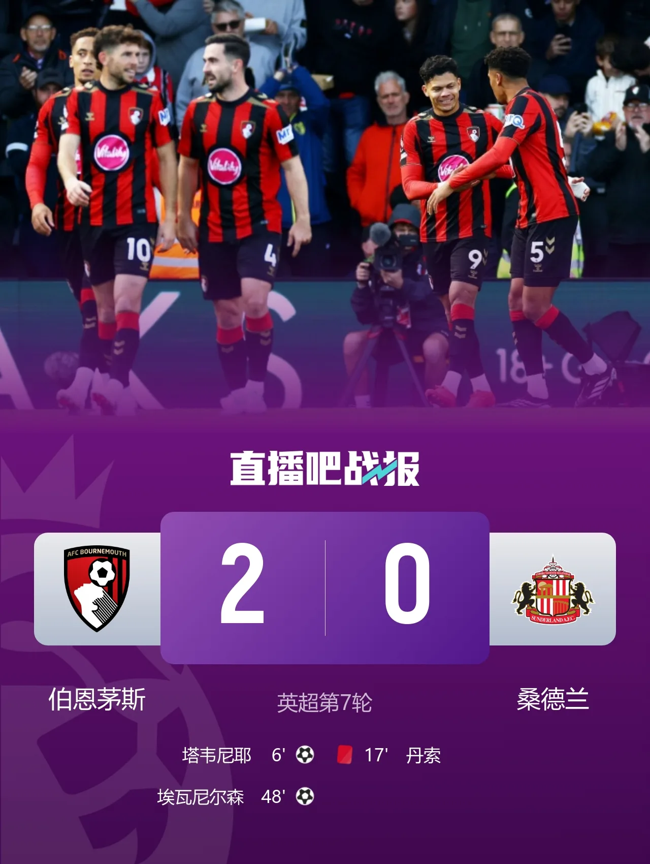 联赛首胜!伯恩茅斯2-0击败10人桑德兰 埃瓦尼尔森传射丹索染红