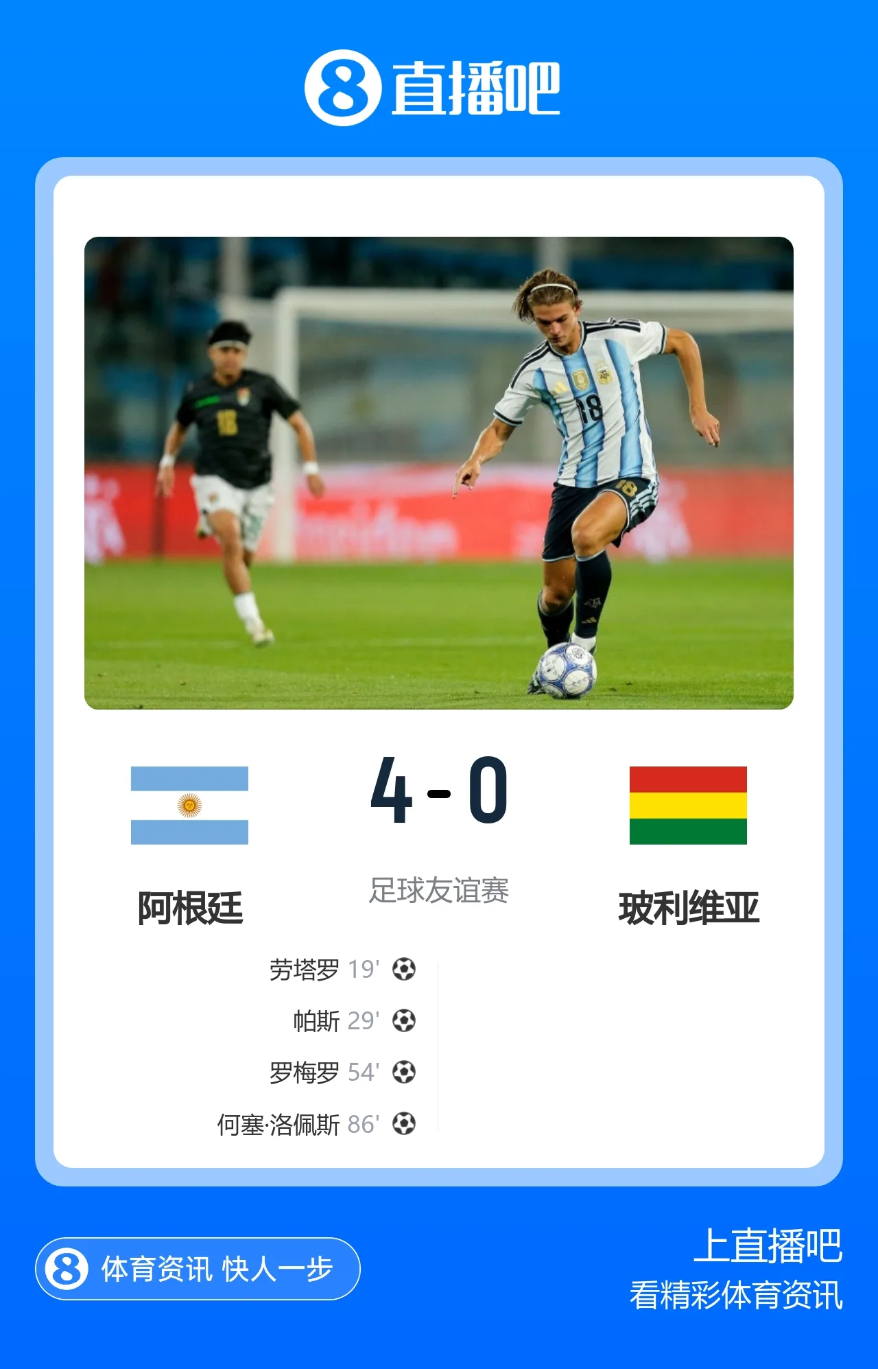 世界杯后首战大胜！阿根廷4-0玻利维亚 帕斯传射罗梅罗劳塔罗破门